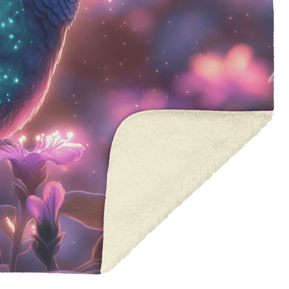 Green and Blue Hummingbird Surrounded by Glowing Purple Flowers in Bioluminescent Garden Under Twilight Sky Fleece Sherpa Blanket - Awakening Righteousness