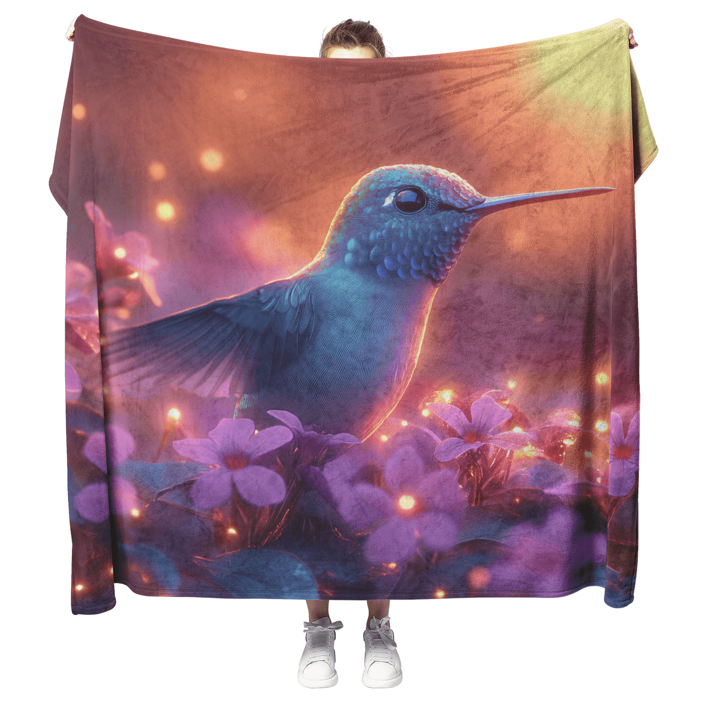 Green and Blue Hummingbird Surrounded by Glowing Purple Flowers in Bioluminescent Garden Under Twilight Sky Fleece Sherpa Blanket - Awakening Righteousness