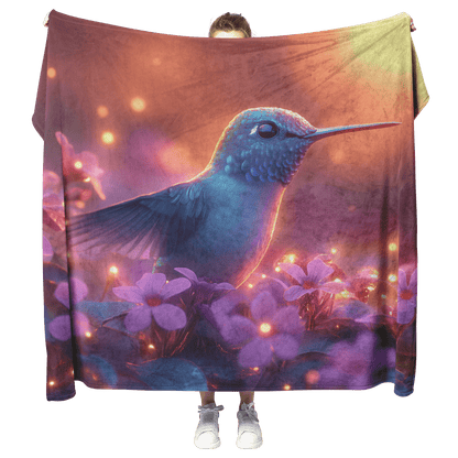 Green and Blue Hummingbird Surrounded by Glowing Purple Flowers in Bioluminescent Garden Under Twilight Sky Fleece Sherpa Blanket - Awakening Righteousness