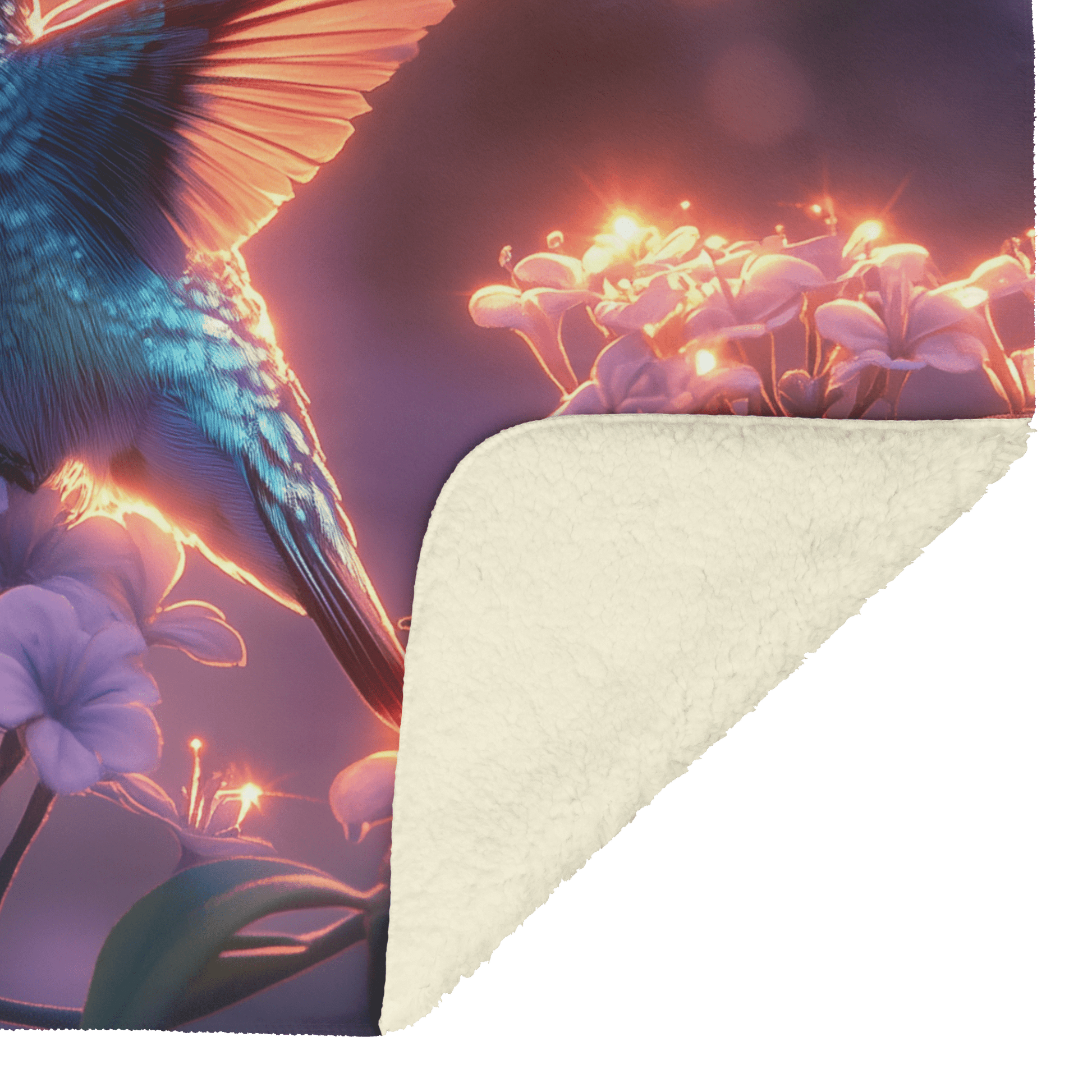 Green and Blue Hummingbird Surrounded by Glowing Purple Flowers in Bioluminescent Garden Under Twilight Sky Fleece Sherpa Blanket - Awakening Righteousness
