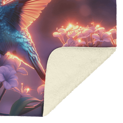 Green and Blue Hummingbird Surrounded by Glowing Purple Flowers in Bioluminescent Garden Under Twilight Sky Fleece Sherpa Blanket - Awakening Righteousness