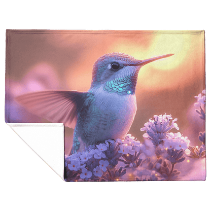Green and Blue Hummingbird Surrounded by Glowing Purple Flowers in Bioluminescent Garden Under Twilight Sky Fleece Sherpa Blanket - Awakening Righteousness
