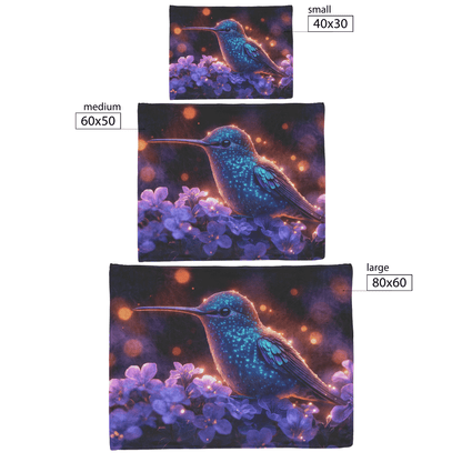 Green and Blue Hummingbird Surrounded by Glowing Purple Flowers in Bioluminescent Garden Under Twilight Sky Fleece Sherpa Blanket - Awakening Righteousness