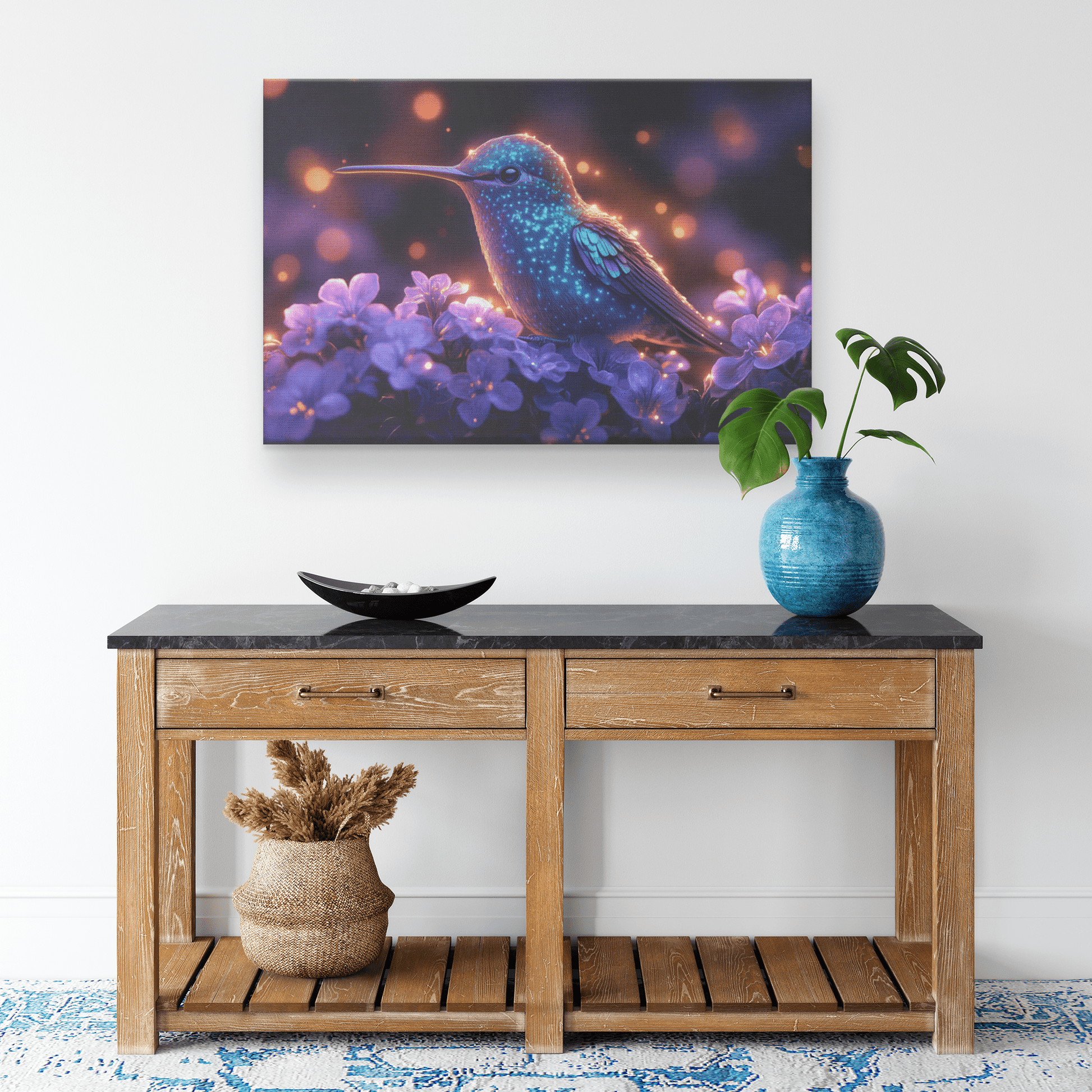 Green And Blue Hummingbird With Glowing Purple Flowers In Bioluminescent Garden Under Twilight Sky Canvas Wall Art Decor - Awakening Righteousness