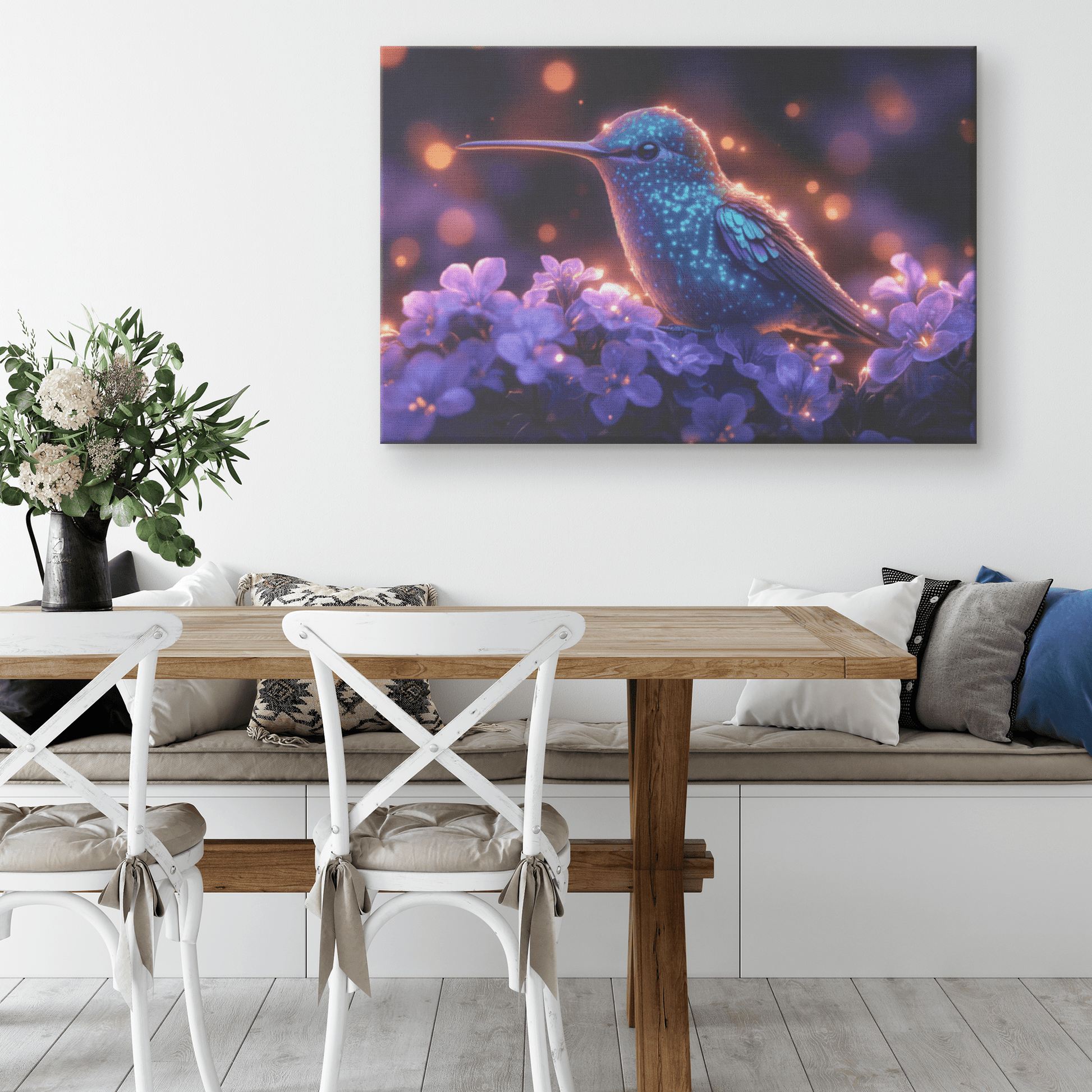 Green And Blue Hummingbird With Glowing Purple Flowers In Bioluminescent Garden Under Twilight Sky Canvas Wall Art Decor - Awakening Righteousness