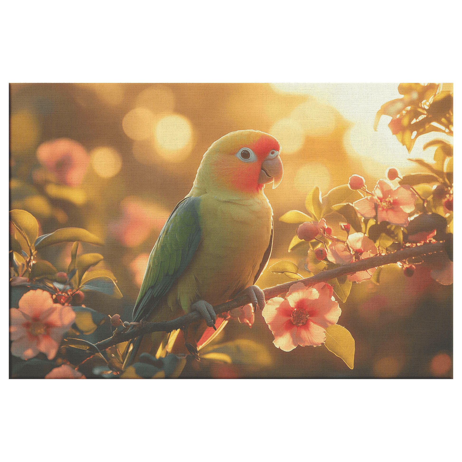 Green Parrot On Glowing Branch Surrounded By Rainforest Flowers And Golden Sunlight Canvas Wall Art Decor - Awakening Righteousness