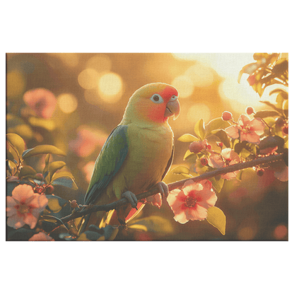 Green Parrot On Glowing Branch Surrounded By Rainforest Flowers And Golden Sunlight Canvas Wall Art Decor - Awakening Righteousness