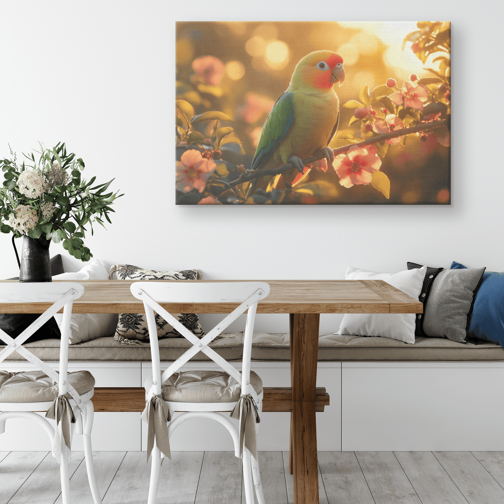 Green Parrot On Glowing Branch Surrounded By Rainforest Flowers And Golden Sunlight Canvas Wall Art Decor - Awakening Righteousness