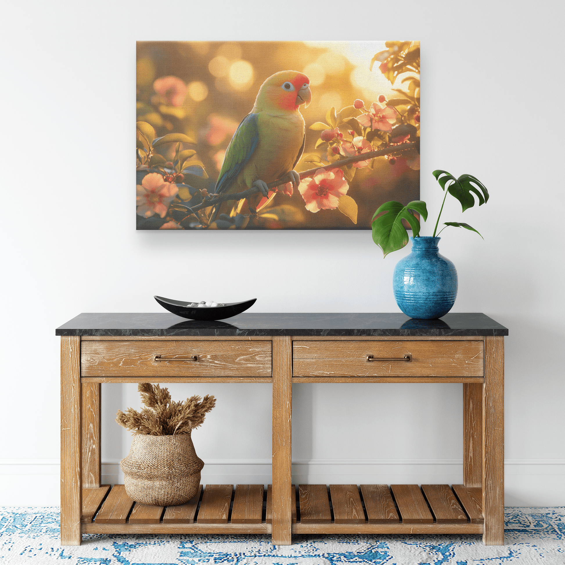 Green Parrot On Glowing Branch Surrounded By Rainforest Flowers And Golden Sunlight Canvas Wall Art Decor - Awakening Righteousness