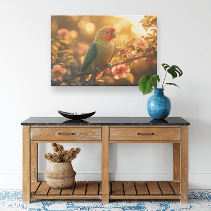 Green Parrot On Glowing Branch Surrounded By Rainforest Flowers And Golden Sunlight Canvas Wall Art Decor - Awakening Righteousness