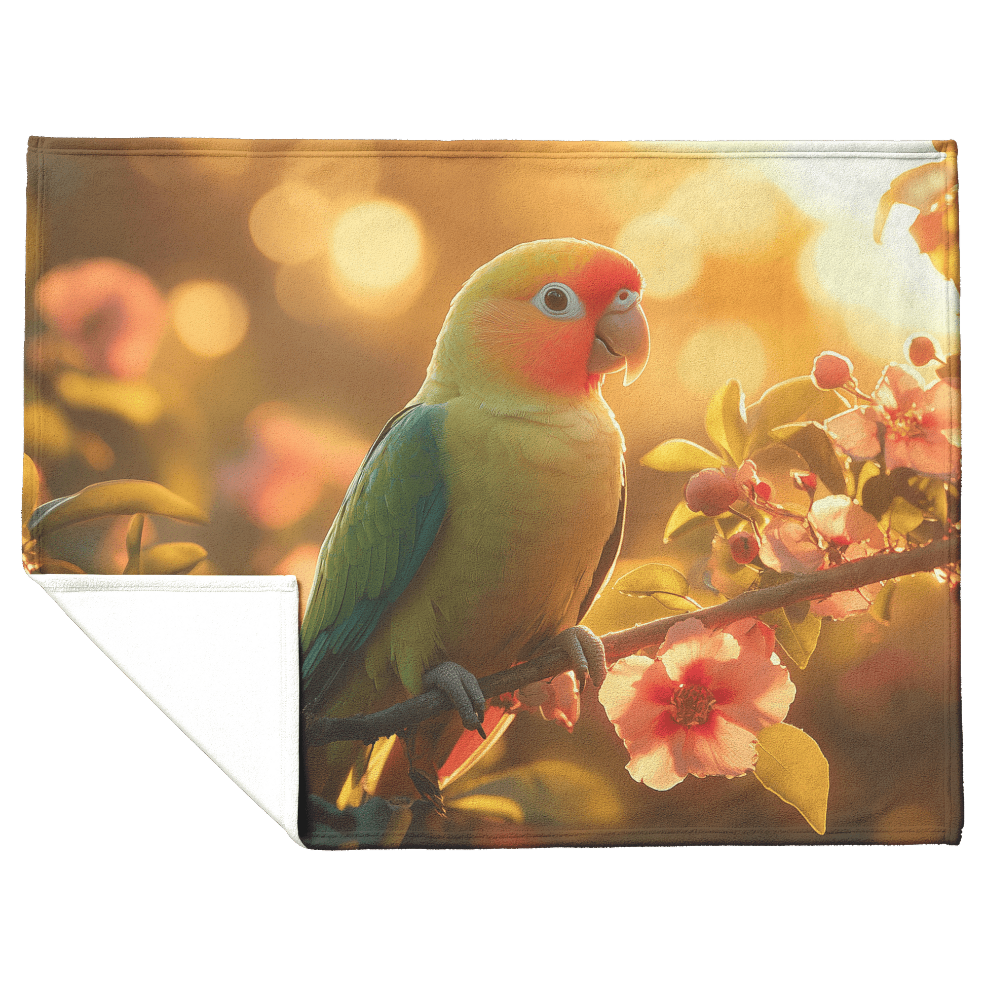Green Parrot Sitting on Glowing Branch Surrounded by Colorful Rainforest Flowers Under Golden Sunlight Fleece Sherpa Blanket - Awakening Righteousness