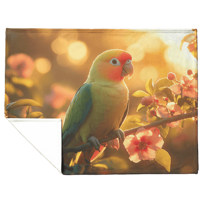 Green Parrot Sitting on Glowing Branch Surrounded by Colorful Rainforest Flowers Under Golden Sunlight Fleece Sherpa Blanket - Awakening Righteousness