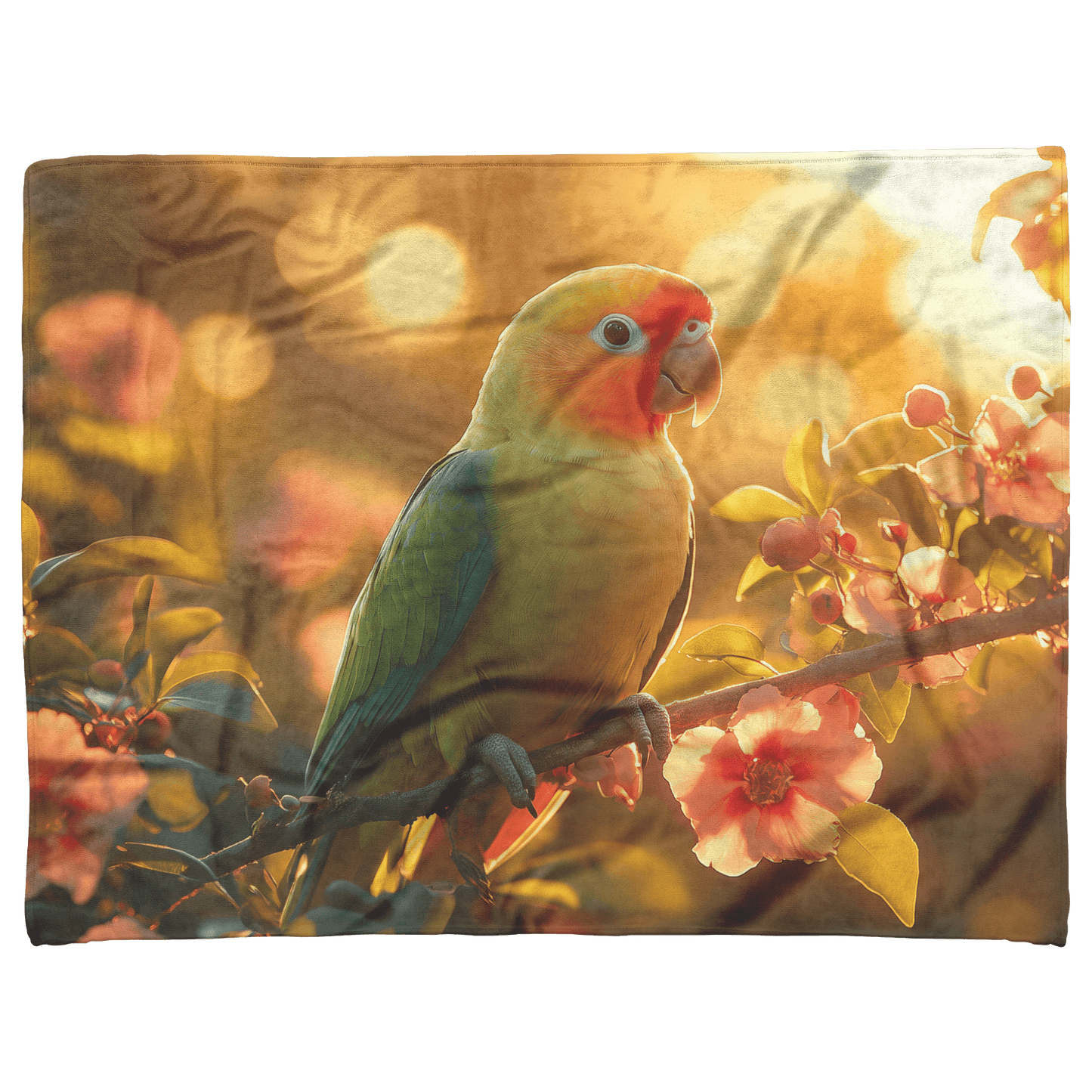 Green Parrot Sitting on Glowing Branch Surrounded by Colorful Rainforest Flowers Under Golden Sunlight Fleece Sherpa Blanket - Awakening Righteousness