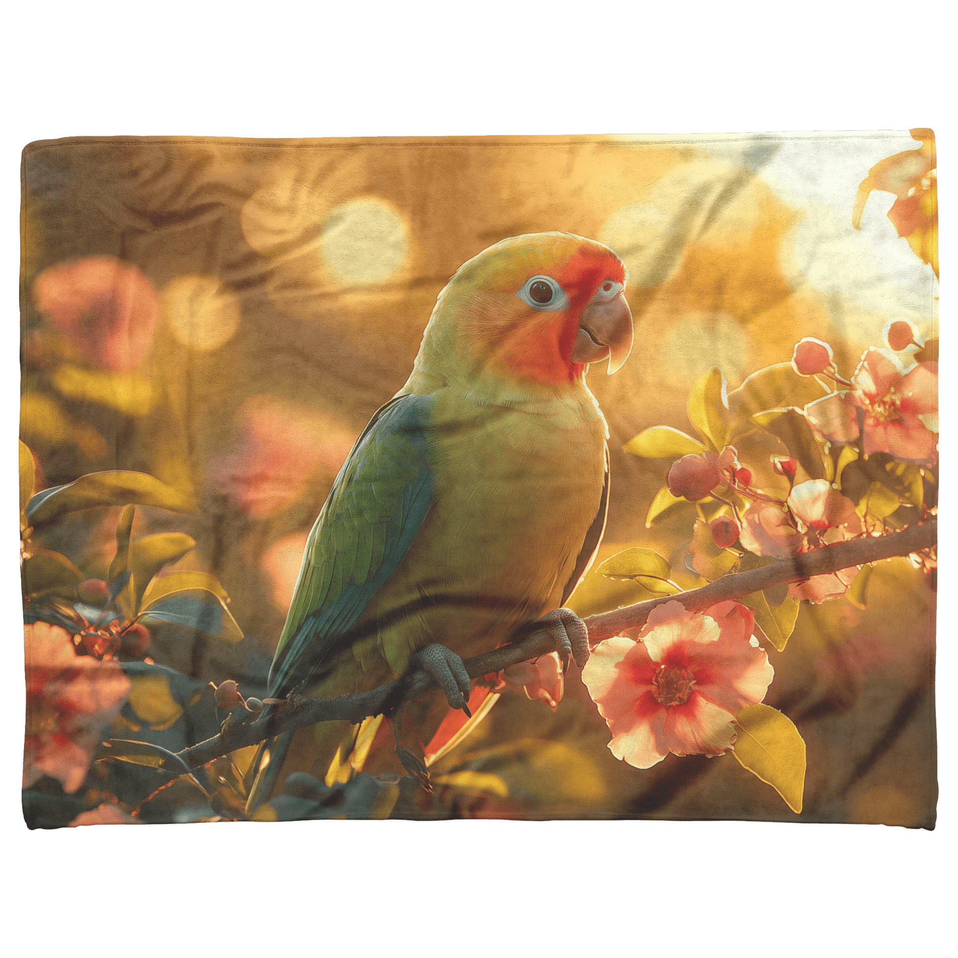 Green Parrot Sitting on Glowing Branch Surrounded by Colorful Rainforest Flowers Under Golden Sunlight Fleece Sherpa Blanket - Awakening Righteousness