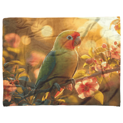 Green Parrot Sitting on Glowing Branch Surrounded by Colorful Rainforest Flowers Under Golden Sunlight Fleece Sherpa Blanket - Awakening Righteousness