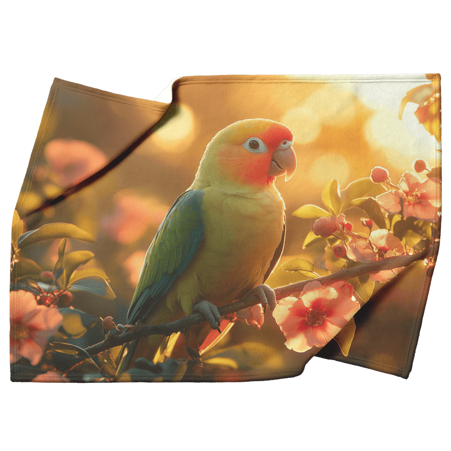 Green Parrot Sitting on Glowing Branch Surrounded by Colorful Rainforest Flowers Under Golden Sunlight Fleece Sherpa Blanket - Awakening Righteousness