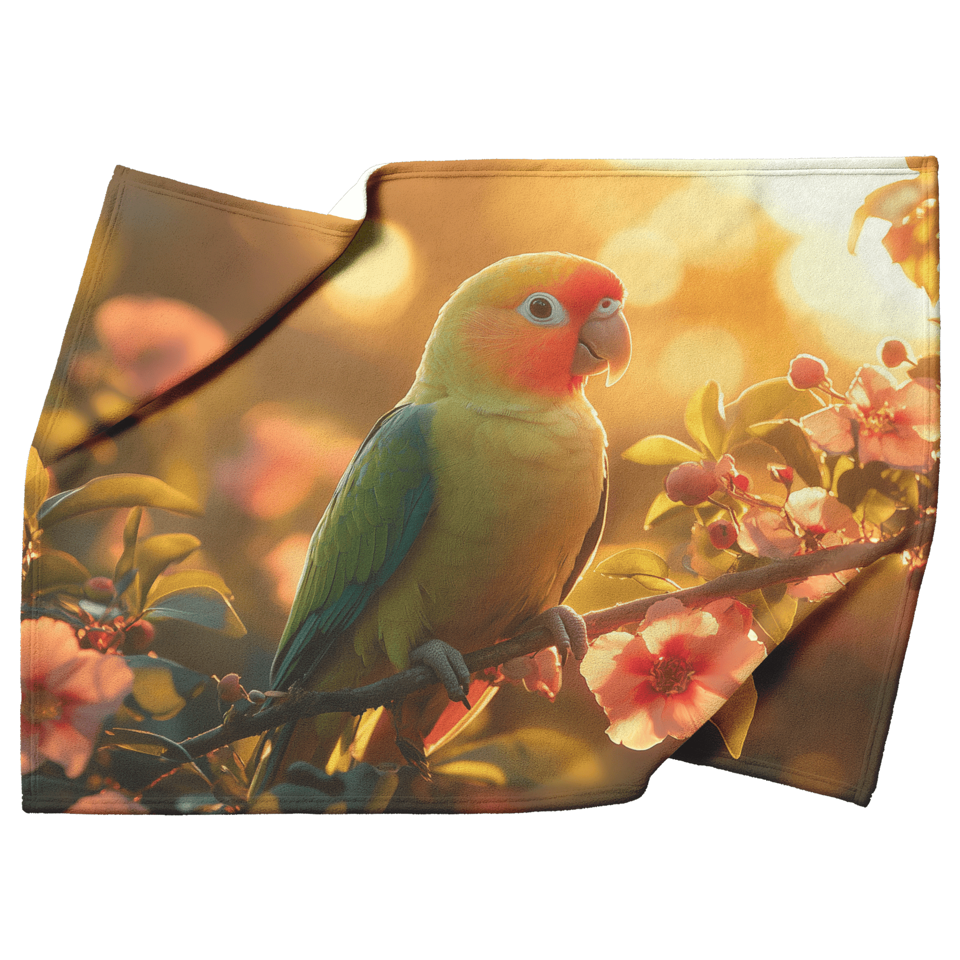 Green Parrot Sitting on Glowing Branch Surrounded by Colorful Rainforest Flowers Under Golden Sunlight Fleece Sherpa Blanket - Awakening Righteousness