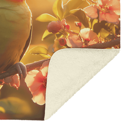 Green Parrot Sitting on Glowing Branch Surrounded by Colorful Rainforest Flowers Under Golden Sunlight Fleece Sherpa Blanket - Awakening Righteousness