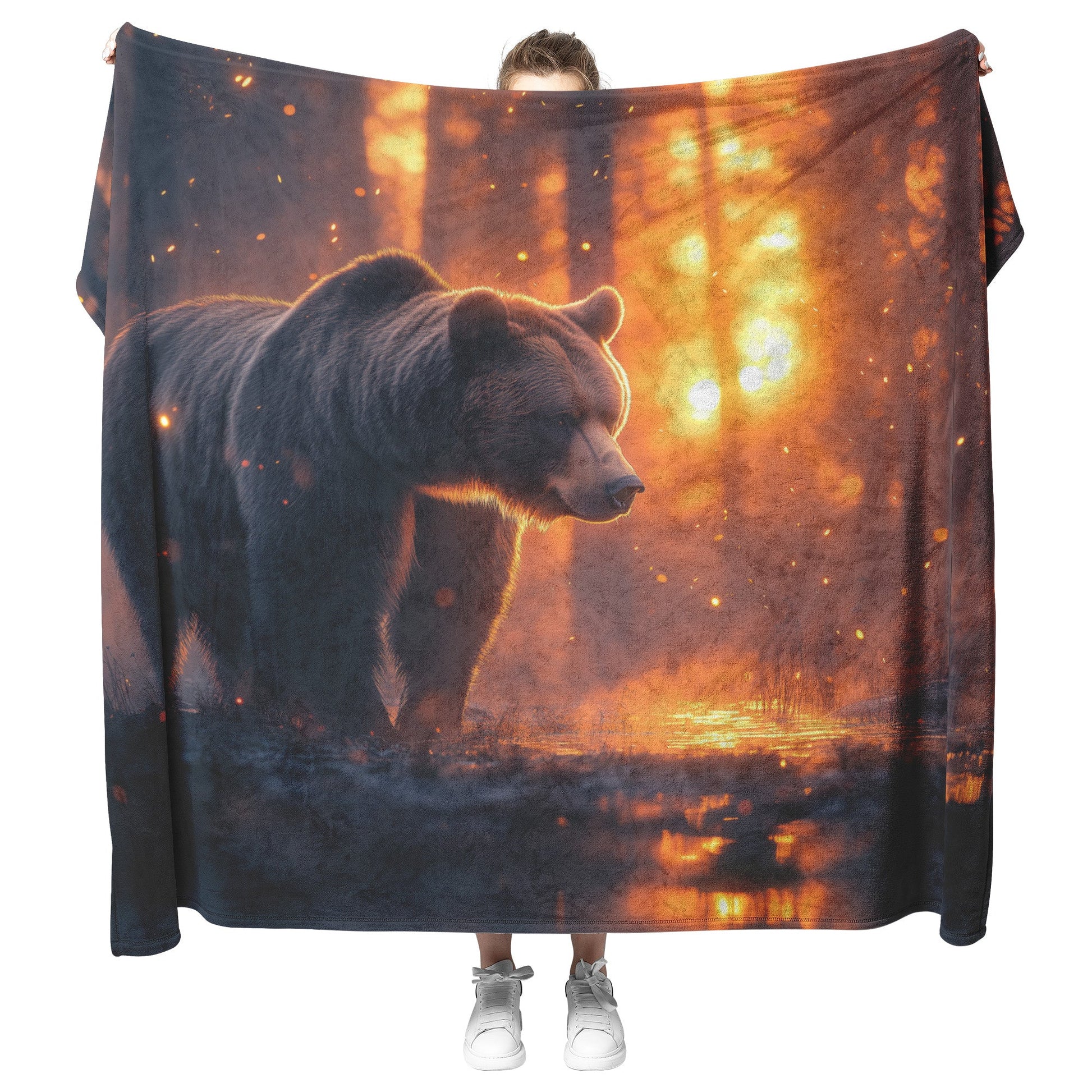 Grizzly Bear in Glowing Forest Clearing Soft Moonlight Mist Ancient Trees Ethereal Atmosphere Fleece Blanket - Awakening Righteousness