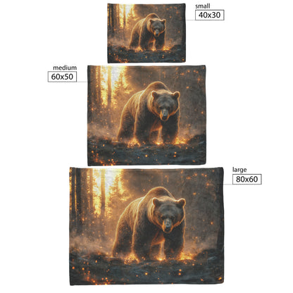 Grizzly Bear in Glowing Forest Clearing Soft Moonlight Mist Ancient Trees Ethereal Atmosphere Fleece Blanket - Awakening Righteousness