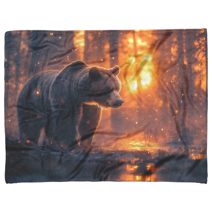 Grizzly Bear in Glowing Forest Clearing Soft Moonlight Mist Ancient Trees Ethereal Atmosphere Fleece Blanket - Awakening Righteousness
