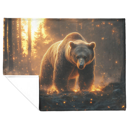 Grizzly Bear in Glowing Forest Clearing Soft Moonlight Mist Ancient Trees Ethereal Atmosphere Fleece Blanket - Awakening Righteousness