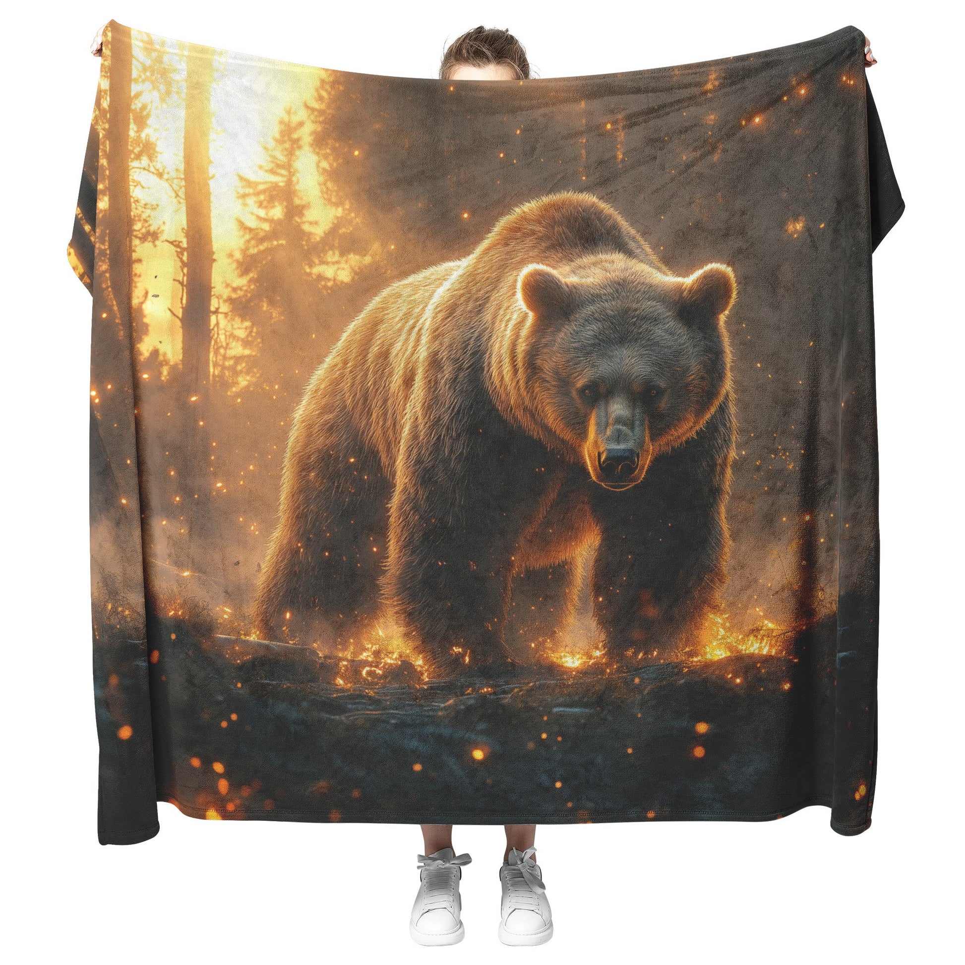 Grizzly Bear in Glowing Forest Clearing Soft Moonlight Mist Ancient Trees Ethereal Atmosphere Fleece Blanket - Awakening Righteousness