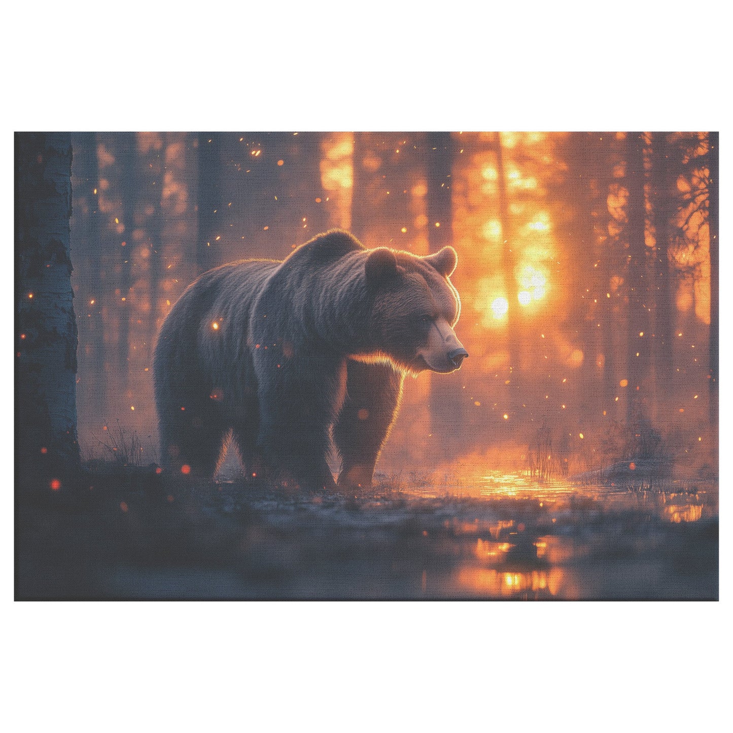 Grizzly Bear In Glowing Forest Clearing Under Moonlight Misty Trees Ethereal Canvas Wall Art Decor Serene Woodland Scene - Awakening Righteousness