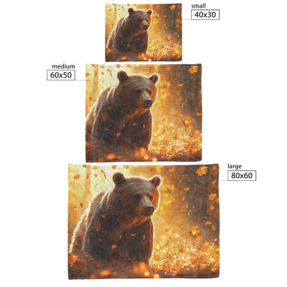 Grizzly Bear Standing Tall in Golden Autumn Forest with Glowing Falling Leaves and Soft Sunlight Fleece Blanket - Awakening Righteousness