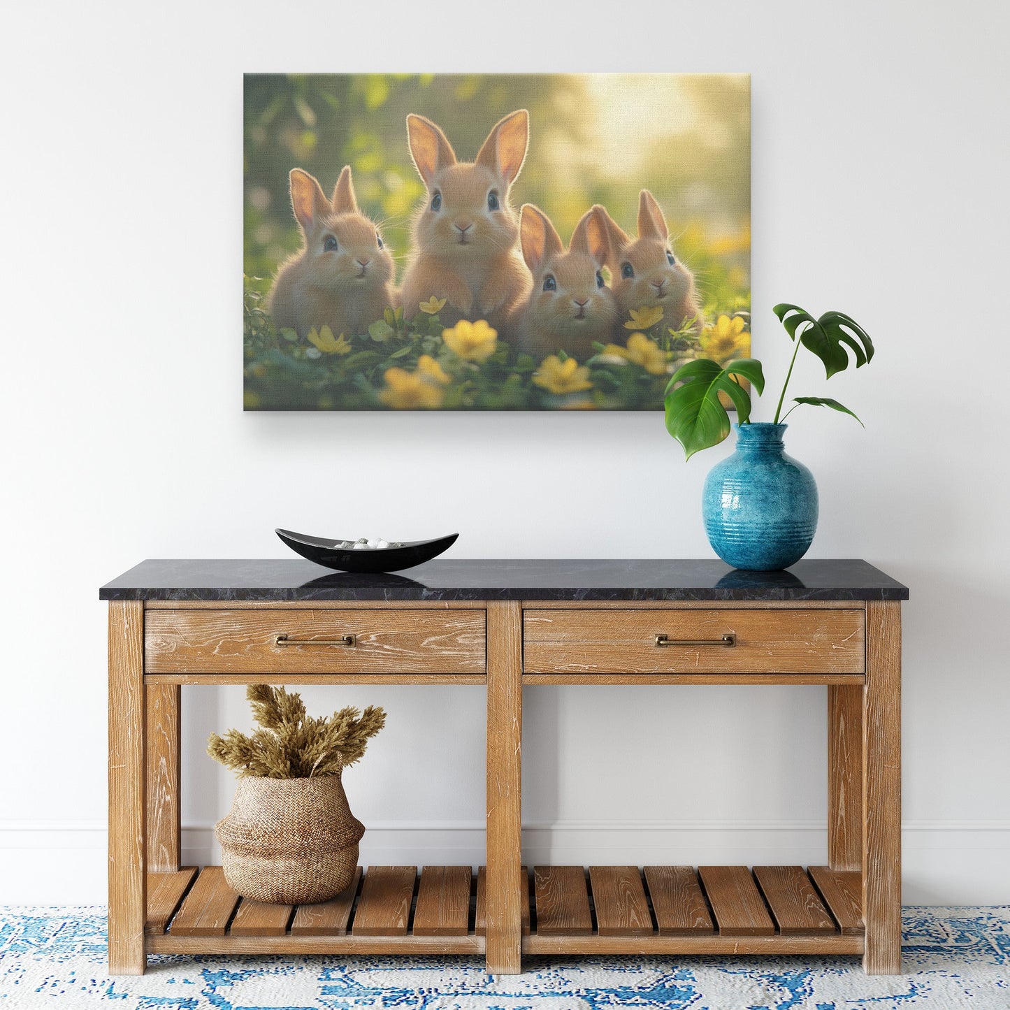 Group of Cute Baby Rabbits Sitting in Grass Surrounded by Spring Flowers and Warm Sunlight Canvas Wall Art Decor - Awakening Righteousness
