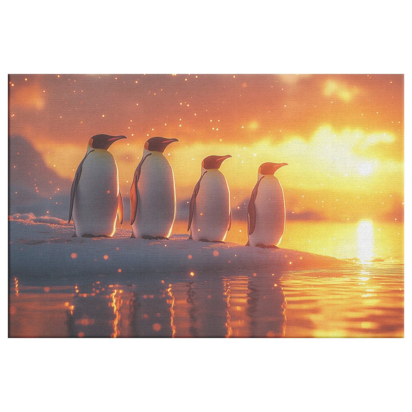 Group of Emperor Penguins on Glowing Ice Sheet Under Vibrant Golden Sunrise Soft Light Canvas Wall Art Decor - Awakening Righteousness