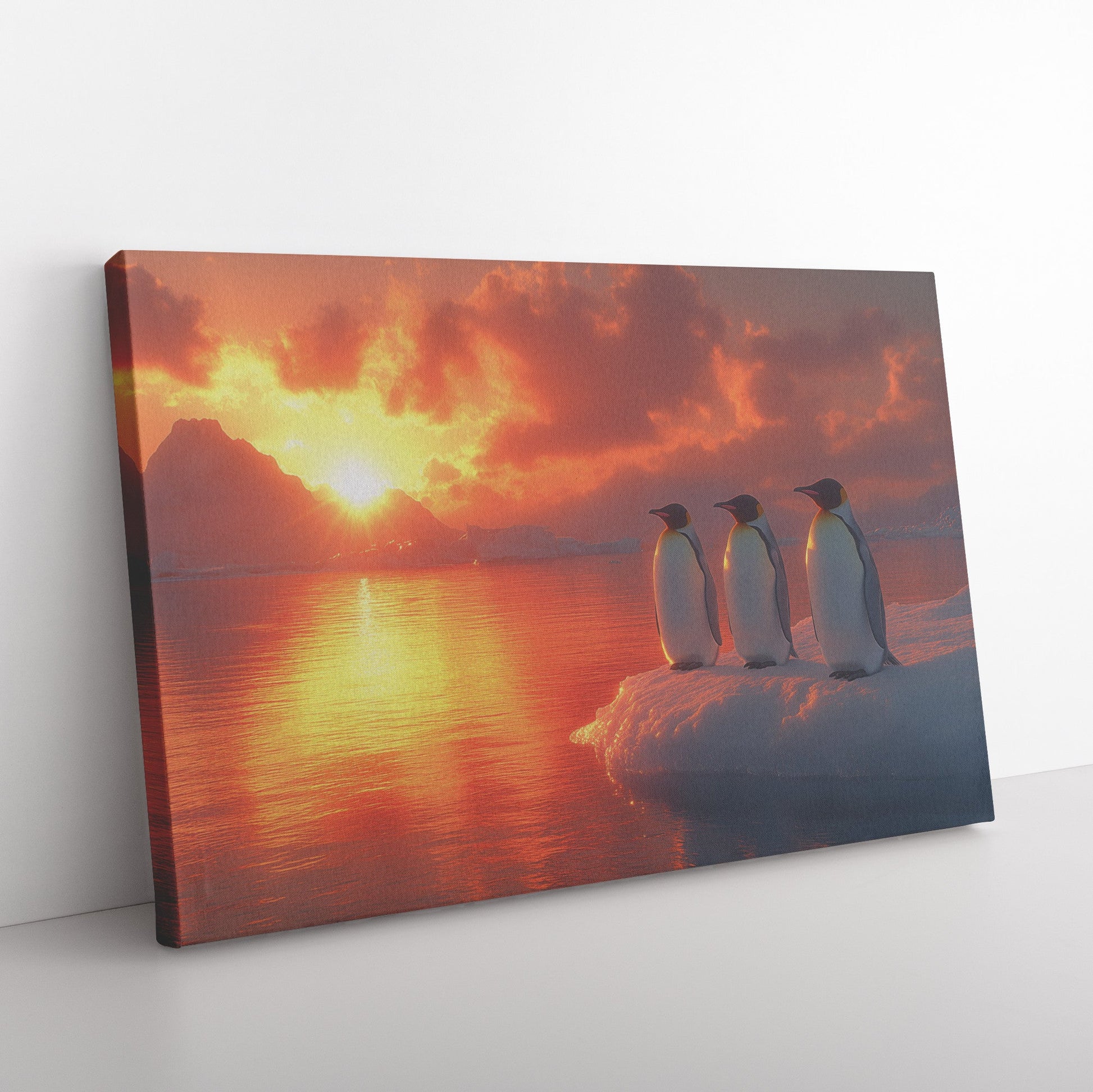 Group of Emperor Penguins on Glowing Ice Sheet Under Vibrant Golden Sunrise Soft Light Canvas Wall Art Decor - Awakening Righteousness