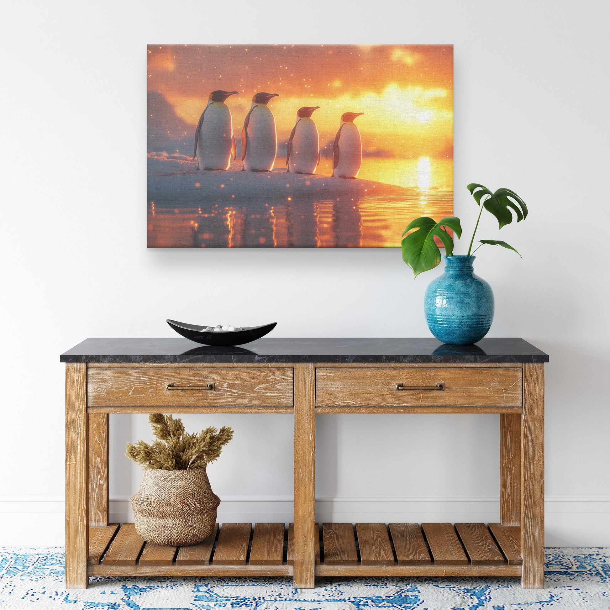 Group of Emperor Penguins on Glowing Ice Sheet Under Vibrant Golden Sunrise Soft Light Canvas Wall Art Decor - Awakening Righteousness