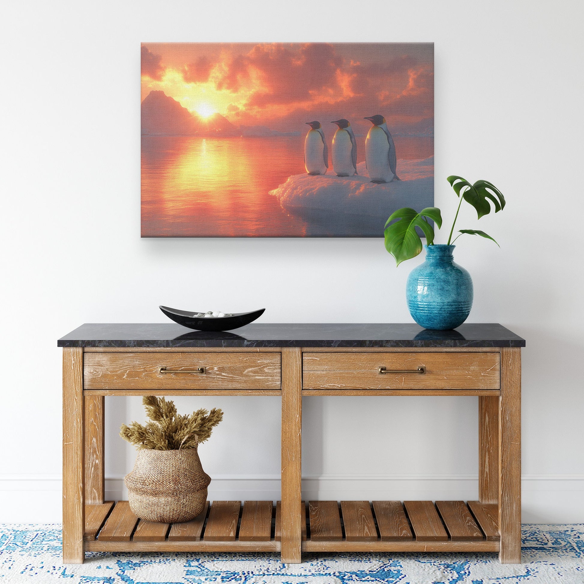 Group of Emperor Penguins on Glowing Ice Sheet Under Vibrant Golden Sunrise Soft Light Canvas Wall Art Decor - Awakening Righteousness