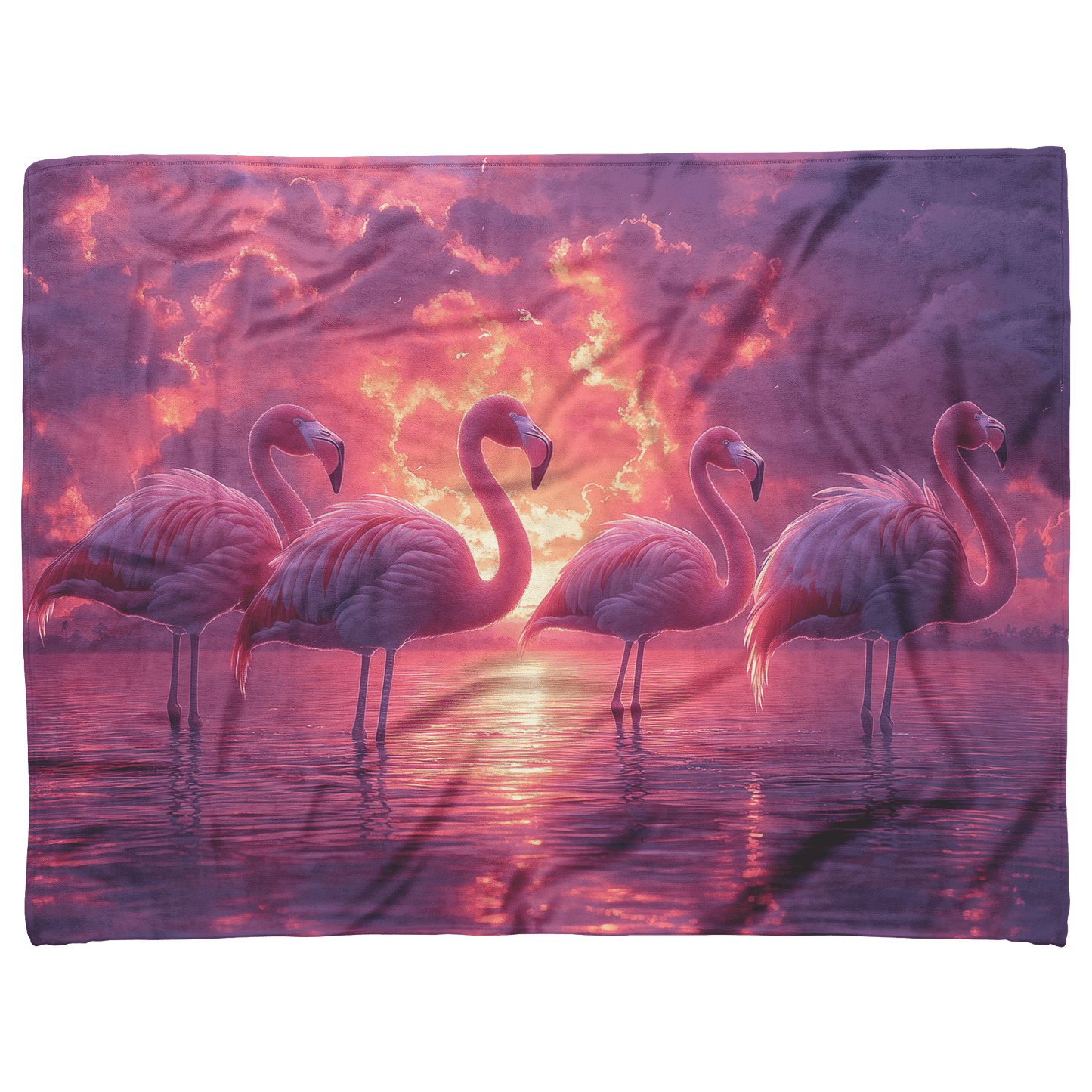 Group of Flamingos Standing in Glowing Pink and Purple Lagoon Surrounded by Reflections Under Twilight Sky Fleece Sherpa Blanket - Awakening Righteousness