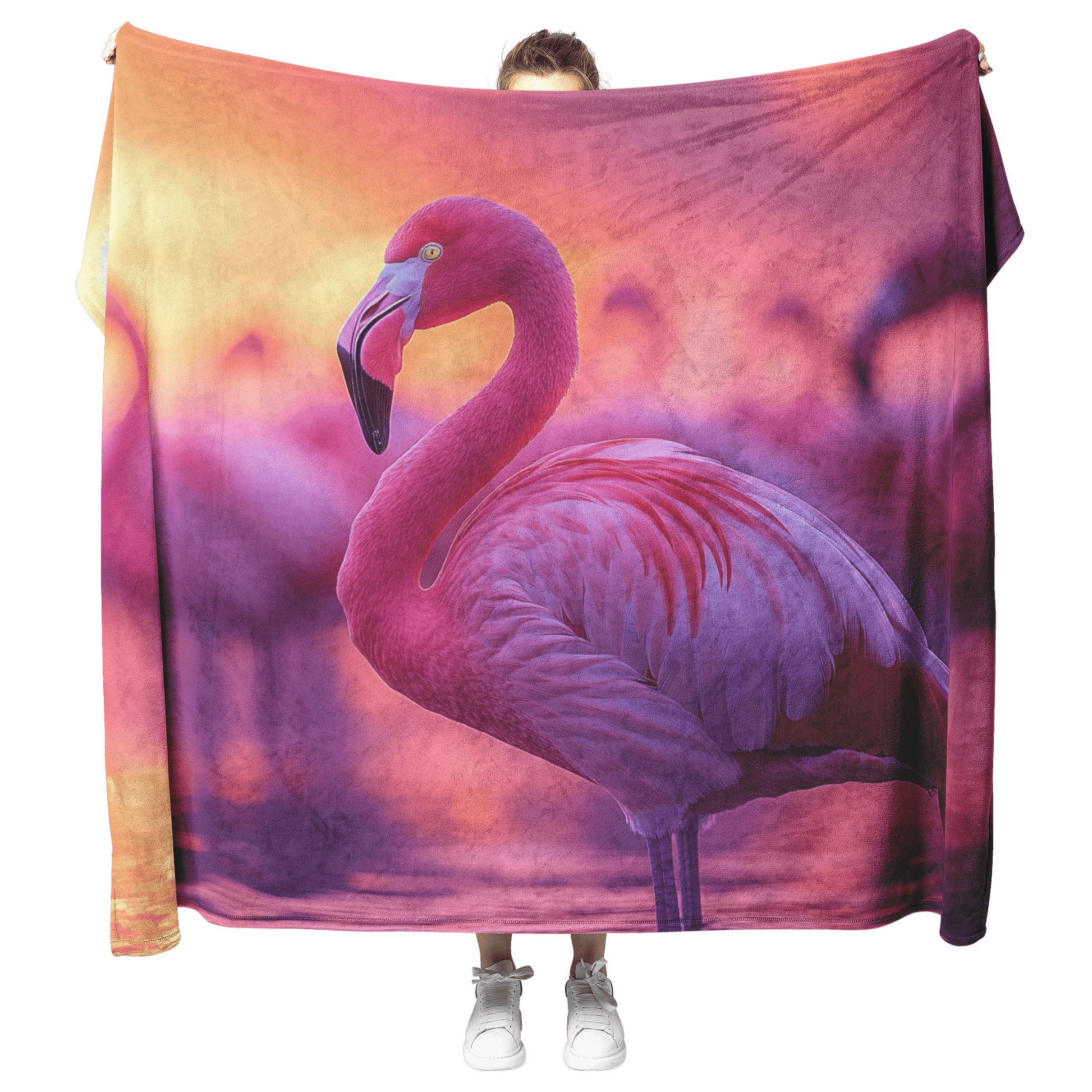 Group of Flamingos Standing in Glowing Pink and Purple Lagoon Surrounded by Reflections Under Twilight Sky Fleece Sherpa Blanket - Awakening Righteousness