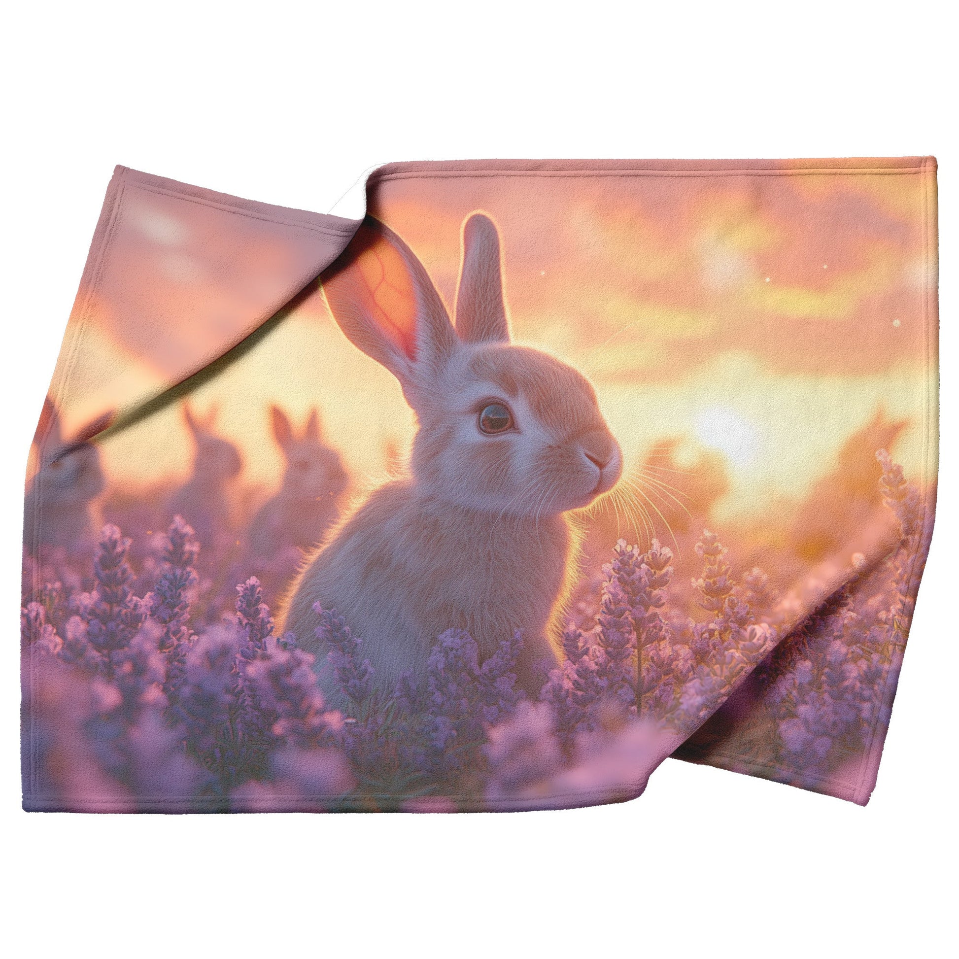 Group of Rabbits Playing in Glowing Lavender Field Under Pink and Purple Twilight Sky Fleece Sherpa Blanket - Awakening Righteousness