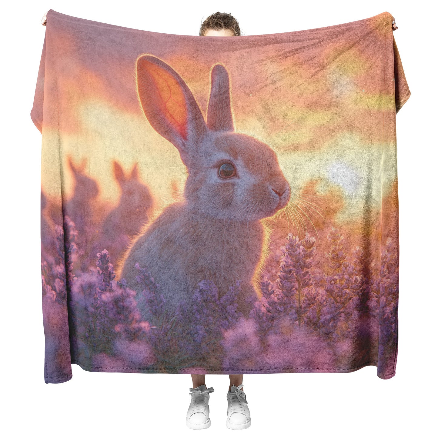 Group of Rabbits Playing in Glowing Lavender Field Under Pink and Purple Twilight Sky Fleece Sherpa Blanket - Awakening Righteousness