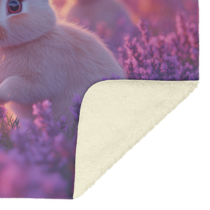 Group of Rabbits Playing in Glowing Lavender Field Under Pink and Purple Twilight Sky Fleece Sherpa Blanket - Awakening Righteousness