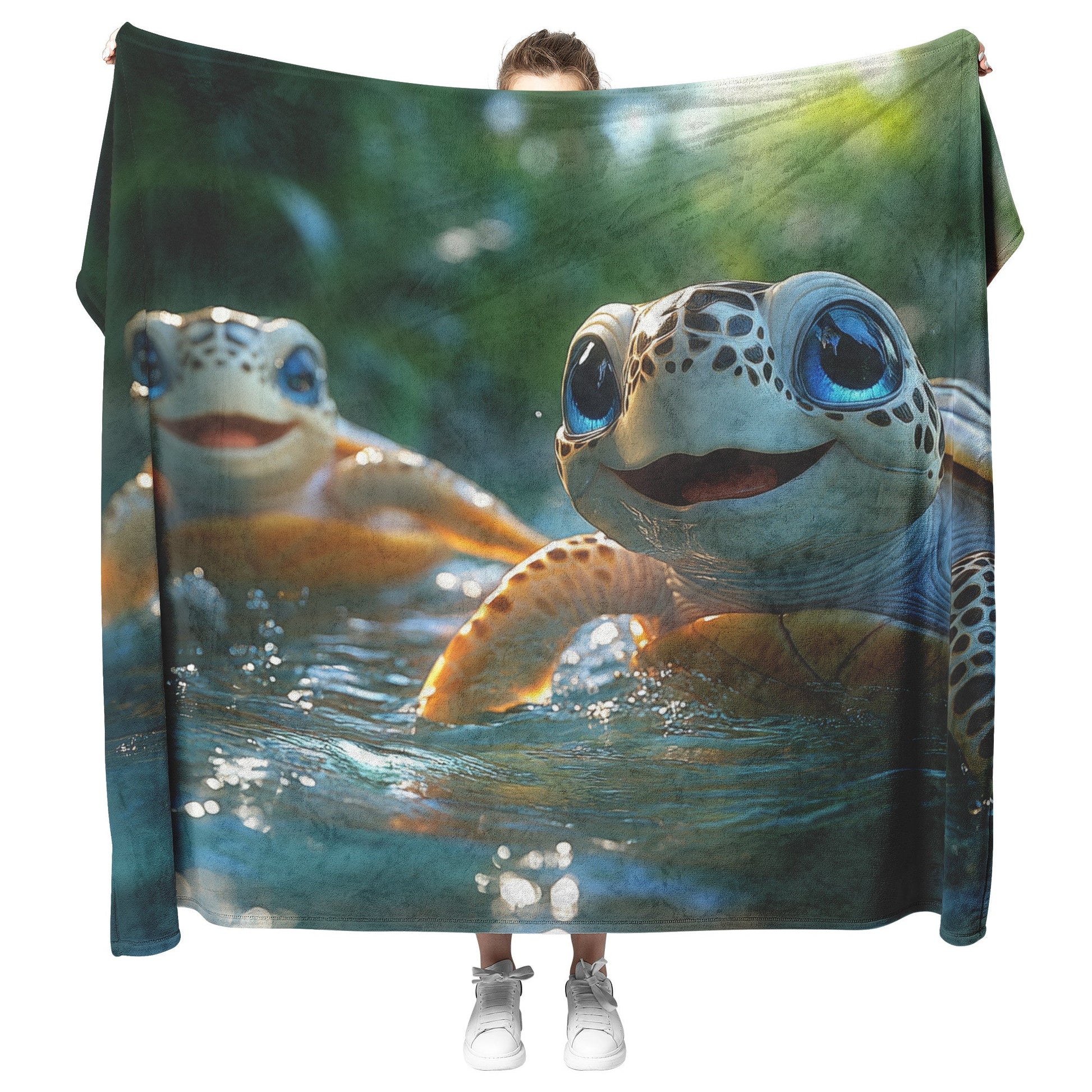 Happy Baby Turtles Playing in Tropical Water with Lush Greenery Cozy Fleece Sherpa Blanket - Awakening Righteousness