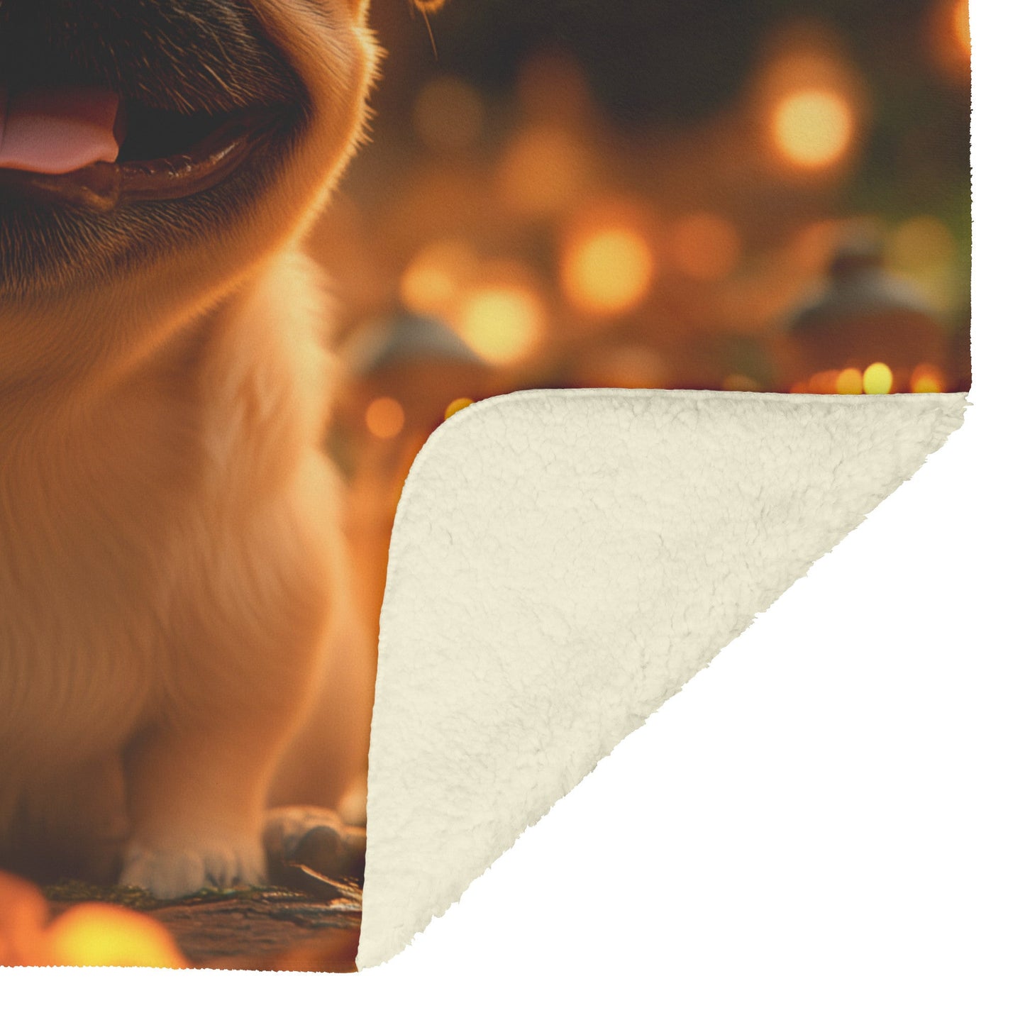 Happy Pug Sitting on Glowing Porch with Lanterns and Soft Warm Light Illuminating Its Face Fleece Sherpa Blanket - Awakening Righteousness