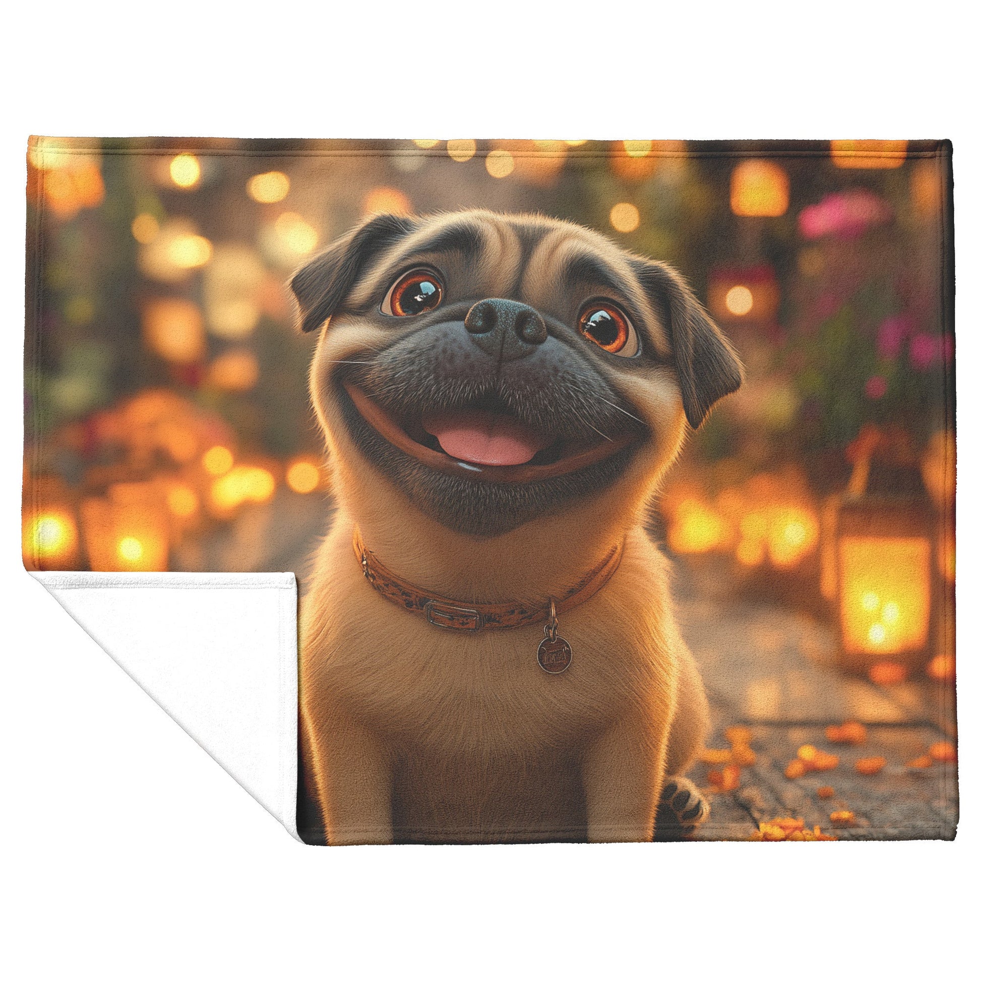 Happy Pug Sitting on Glowing Porch with Lanterns and Soft Warm Light Illuminating Its Face Fleece Sherpa Blanket - Awakening Righteousness