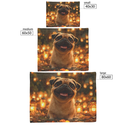 Happy Pug Sitting on Glowing Porch with Lanterns and Soft Warm Light Illuminating Its Face Fleece Sherpa Blanket - Awakening Righteousness