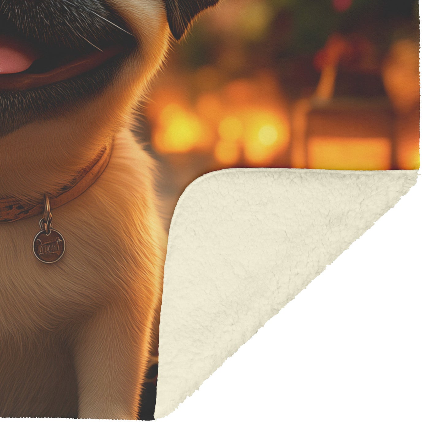 Happy Pug Sitting on Glowing Porch with Lanterns and Soft Warm Light Illuminating Its Face Fleece Sherpa Blanket - Awakening Righteousness