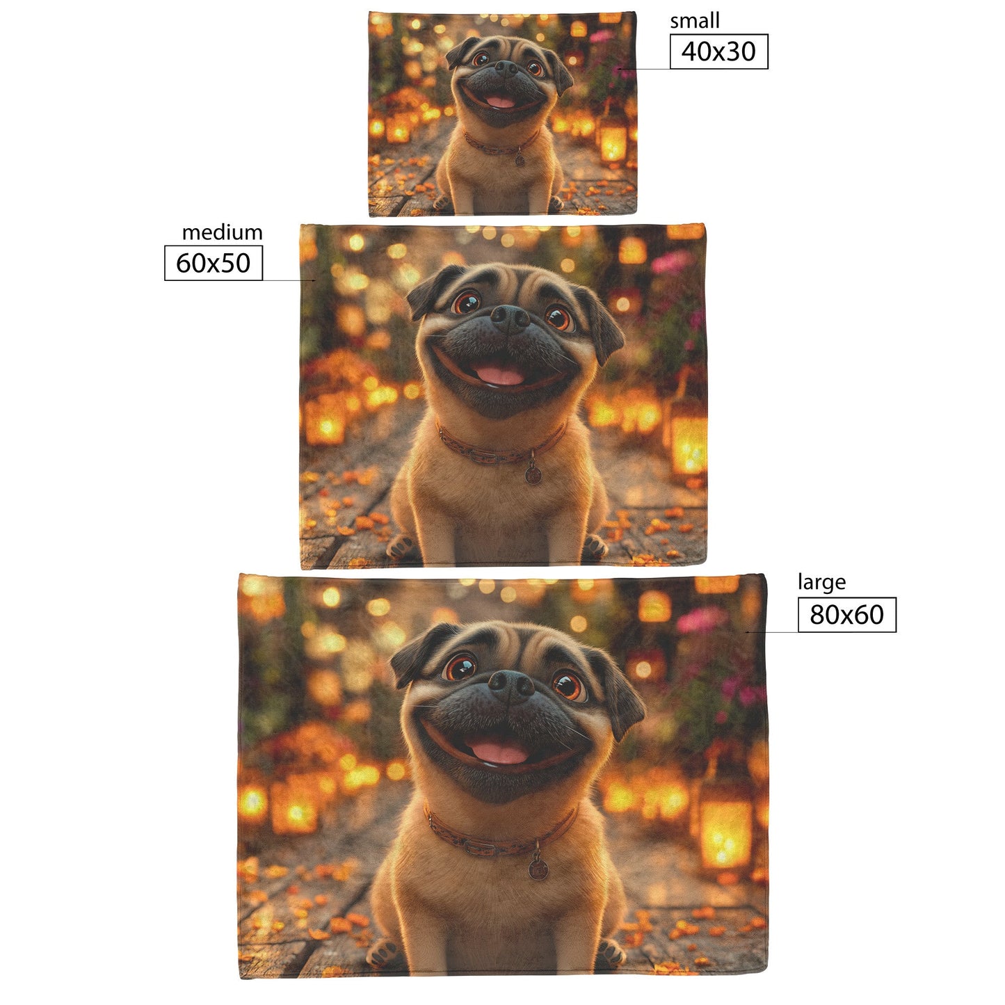 Happy Pug Sitting on Glowing Porch with Lanterns and Soft Warm Light Illuminating Its Face Fleece Sherpa Blanket - Awakening Righteousness