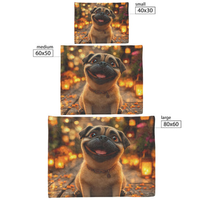 Happy Pug Sitting on Glowing Porch with Lanterns and Soft Warm Light Illuminating Its Face Fleece Sherpa Blanket - Awakening Righteousness