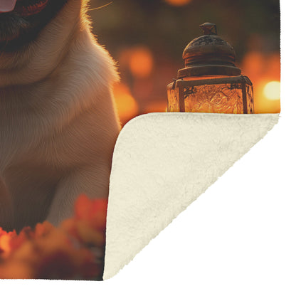 Happy Pug Sitting on Glowing Porch with Lanterns and Soft Warm Light Illuminating Its Face Fleece Sherpa Blanket - Awakening Righteousness