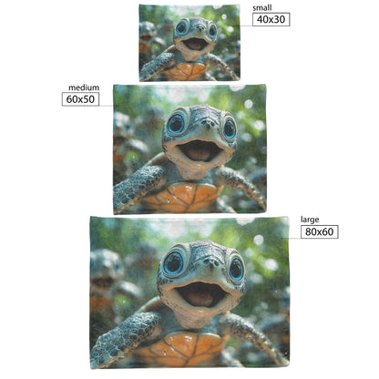 Happy Turtles with Big Eyes and Baby Turtles in Serene Nature Setting Cozy Fleece Sherpa Blanket - Awakening Righteousness