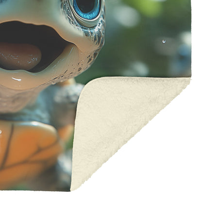 Happy Turtles with Big Eyes and Baby Turtles in Serene Nature Setting Cozy Fleece Sherpa Blanket - Awakening Righteousness