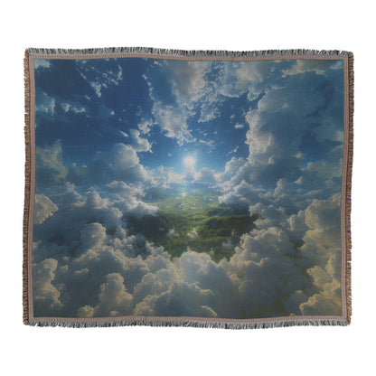 Heavenly Horizon Above Lush Green Valley with Golden Sunlight Peeking Through Clouds Woven Throw Blanket for Serenity - Awakening Righteousness